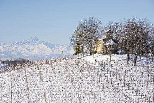 The Chapel of Santo Stefano di Perno after snowfall, Monforte d'Alba, Langhe, Cuneo Province, Piedmont, Italy, Europe