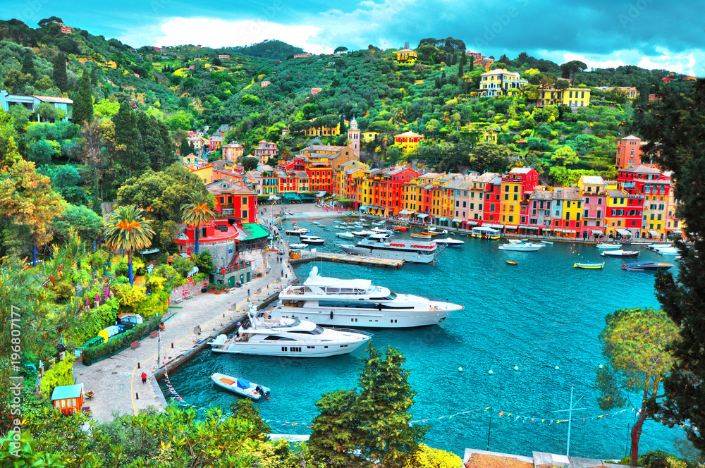 Poster portofino , italy - may 02, 2016: the beautiful portofino with colorful houses and villas, luxury ya