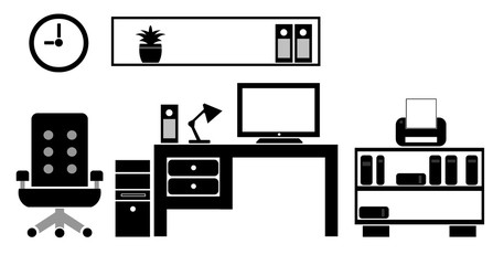 Bureau de travail : bibliothèque, étagère, horloge, chaise, table, ordinateur et imprimante