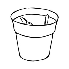 Flower Pot with Soil. Two Seed, Sprouts and Roots. Flowerpot for Sprouting Plant. Shooting Sprout Background. Gardening Hobby Hand Drawn Illustration. Savoyar Doodle Style.