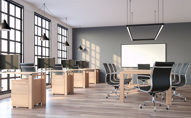 Modern loft style office with gray wall 3d render,The rooms have wooden floors and gray walls.Furnished with wood table and black leather chair. There are black window overlooking to outside. © onzon