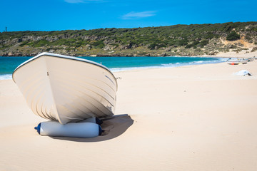 boat at bolonia beach a coastal village in the municipality of Tarifa in the Province of Cadiz in southern Spain.