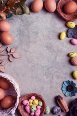 Easter frame with colorful easter eggs, background with copy space