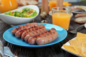 Delicious breakfast served on table