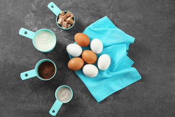 Set of kitchenware and products on grey background. Cooking master classes