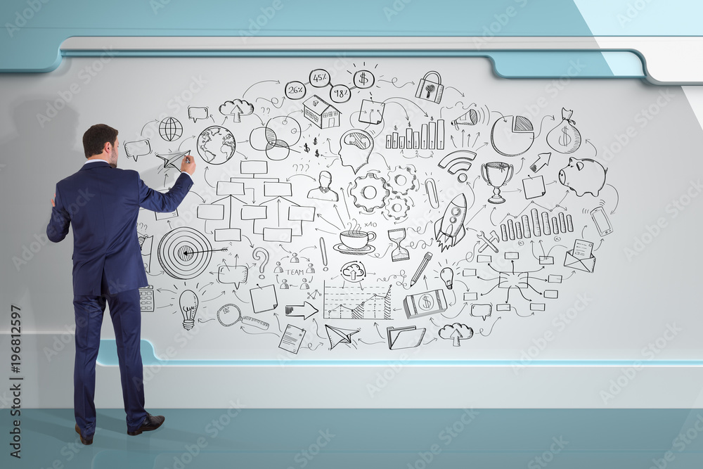 Poster Businessman drawing a project sketch on a board 3D rendering