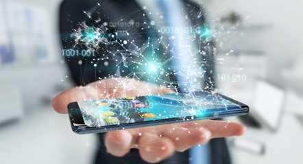 Businessman using digital binary code on mobile phone 3D rendering