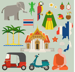 Fototapeta premium Travel thailand flat icons design vector illustration. Bangkok culture thailand travel world architecture. Asian holiday landscape Thai map thailand travel concept journey icons