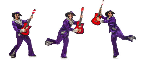 Man in funny clothing holding guitar isolated on white