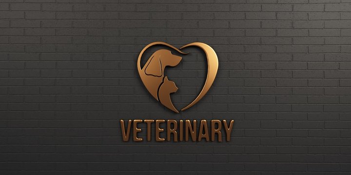Veterinary Dog and Cat Bronze Logo on Black Wall Design. 3D Render Illustration