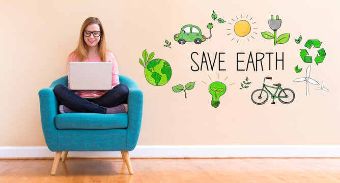 Save Earth with young woman using her laptop in a chair