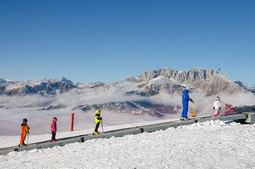 Belt skilift for children in Val Seriana (Bergamo) with Mount Presolana in the background. 2018
