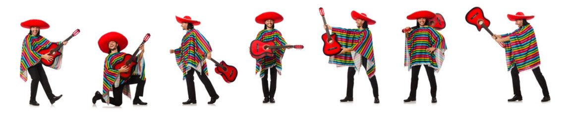 Mexican in vivid poncho holding guitar isolated on white