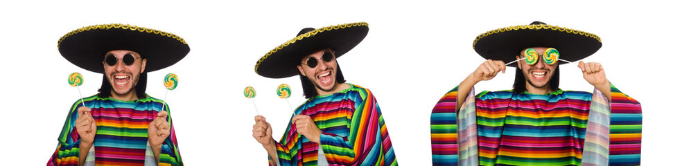 Handsome man in vivid poncho holding lollypop isolated on white
