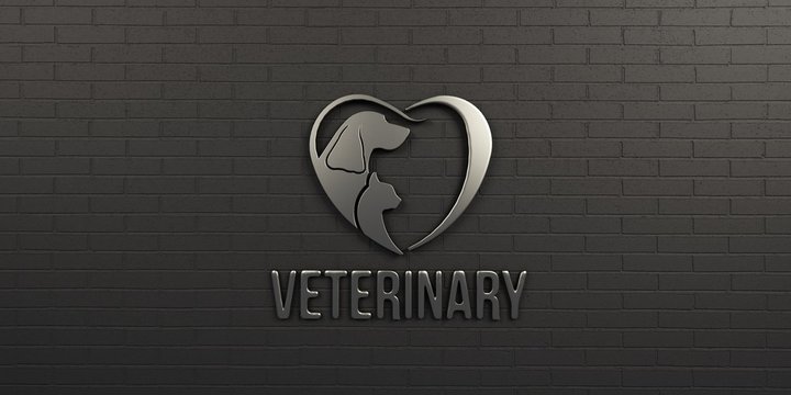 Veterinary Dog and Cat White Logo on Black Wall Design. 3D Render Illustration