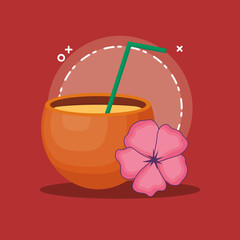 Summer time design with coconut cocktail and tropical flower over red background, colorful design vector illustration
