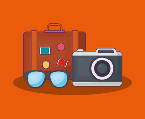 Summer time design with travel suitcase and camera over orange background, colorful design vector illustration
