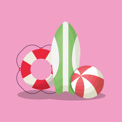 Summer time design with summer float and surfboard over pink background, colorful design vector illustration