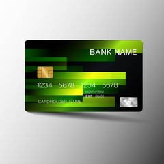 Realistic detailed credit cards. With inspiration from geometric  green and black color on the gray background. Glossy plastic style. Vector illustration design EPS10