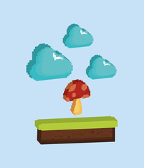 pixelated mushroom and clouds over blue background, colorful design. vector illustration