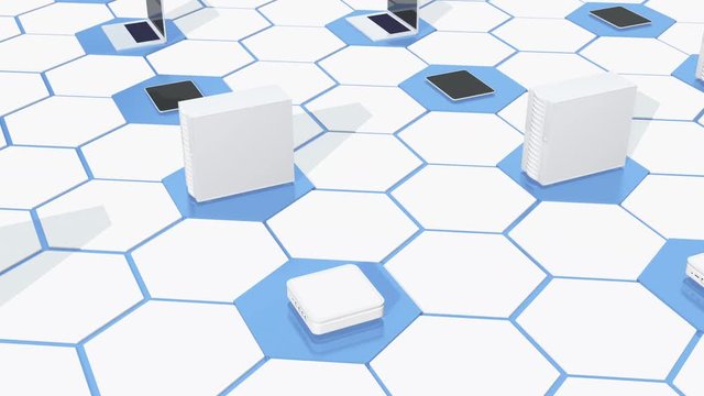 4k Row Of laptop & Network computer ervers,ipad & iphone on the abstract tech hexagon background,honeycomb.