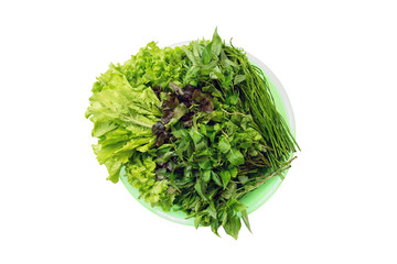 Fresh vegetables are available in the tray for fresh or raw food, isolated on white background, with clipping path.