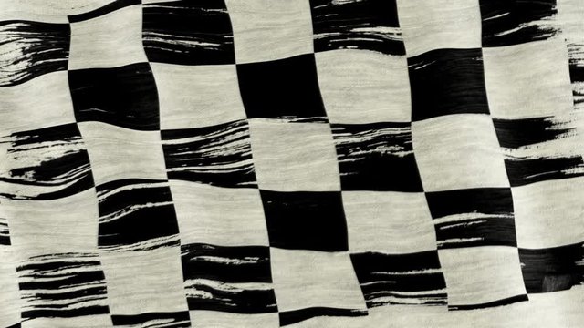 Closeup of art brush watercolor painting checkered black and white racing flag blown in the wind.