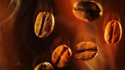 Closeup of coffee beans floating in the smoke