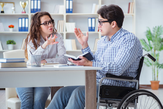 Disabled student studying and preparing for college exams