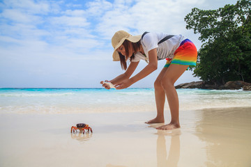 Woman take photo Chicken Crab on the beach of Tachai Island, Similan Islands National Park, Thailand