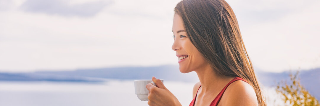 Happy Morning Woman Drinking Coffee Cup At Breakfast Hotel View. Smiling Asian Girl Panoramic Banner, Summer Living.