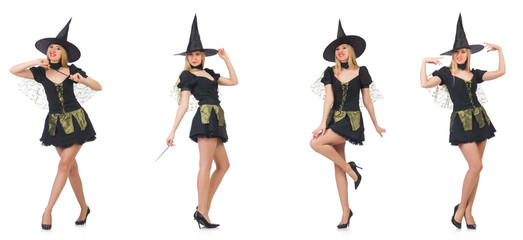 Beautiful witch in black dress isolated on white