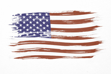Art brush watercolor painting of USA flag blown in the wind isolated on white background.