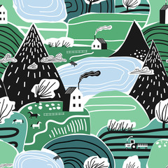 Hand getekende vector abstracte Scandinavische grafische illustratie naadloze patroon met huis, bomen en bergen. Noords natuurlandschapsconcept. Perfect voor kinderstof, textiel, kinderbehang.
