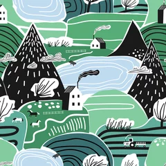 Fotobehang Bergen Hand getekende vector abstracte Scandinavische grafische illustratie naadloze patroon met huis, bomen en bergen. Noords natuurlandschapsconcept. Perfect voor kinderstof, textiel, kinderbehang.