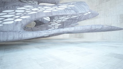 Abstract white and concrete interior  with glossy white lines. 3D illustration and rendering.