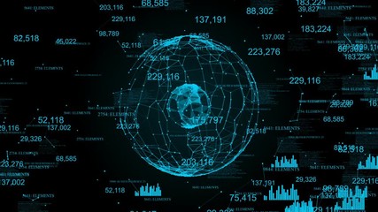 Plexus with digital numbers, diagrams, graphics and text. Abstract sphere - Powered by Adobe