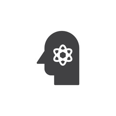 Human head with atom structure inside vector icon. Scientist filled flat sign for mobile concept and web design. Knowledge simple solid icon. Symbol, logo illustration.