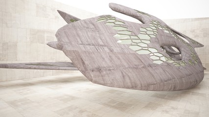 Abstract white and concrete interior  with glossy green lines. 3D illustration and rendering.