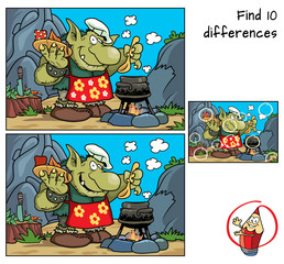 Troll in the chef's hat cooks lunch in the cauldronr. Find 10 differences. Educational game for children. Cartoon vector illustration