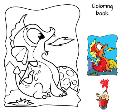 Cute newborn baby dragon. Coloring book. Cartoon vector illustration