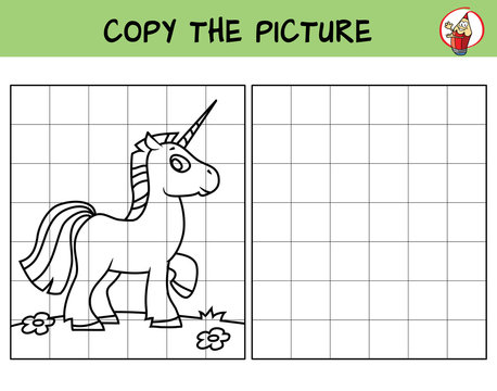 Fototapeta Funny little unicorn. Copy the picture. Coloring book. Educational game for children. Cartoon vector illustration