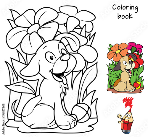 Little dog with a ball among the flowers. Coloring book. Cartoon vector illustration