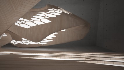 Abstract  concrete and wood parametric interior  with neon lighting. 3D illustration and rendering.