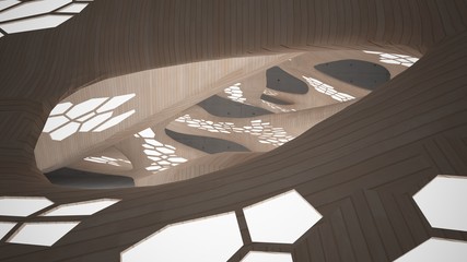 Obraz premium Abstract concrete and wood parametric interior with neon lighting. 3D illustration and rendering.