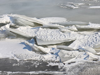water and ice on a frozen river