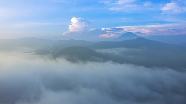 Morning Mist and Active Volcanoes. Time Lapse