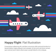 Airplanes in the sky, happy flight, flat illustration, flying aircraft with rainbow