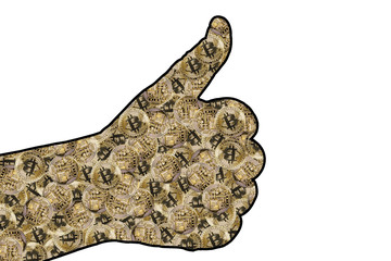 Contour of the hand with a gesture All is well . Inside the contour of bitcoins.