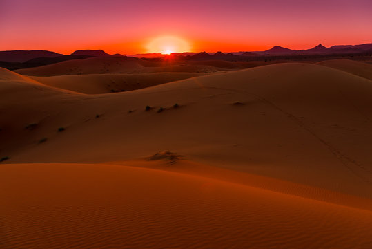 Sunset in the dunes of Erg Chebbi, Sahara Desert, Morocco
